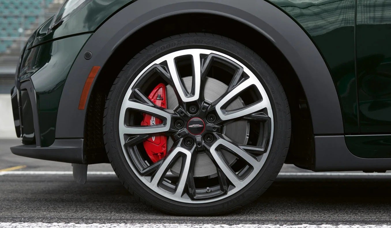 A closeup of one of the JCW wheels. | Ferman MINI of Tampa Bay in Palm Harbor FL